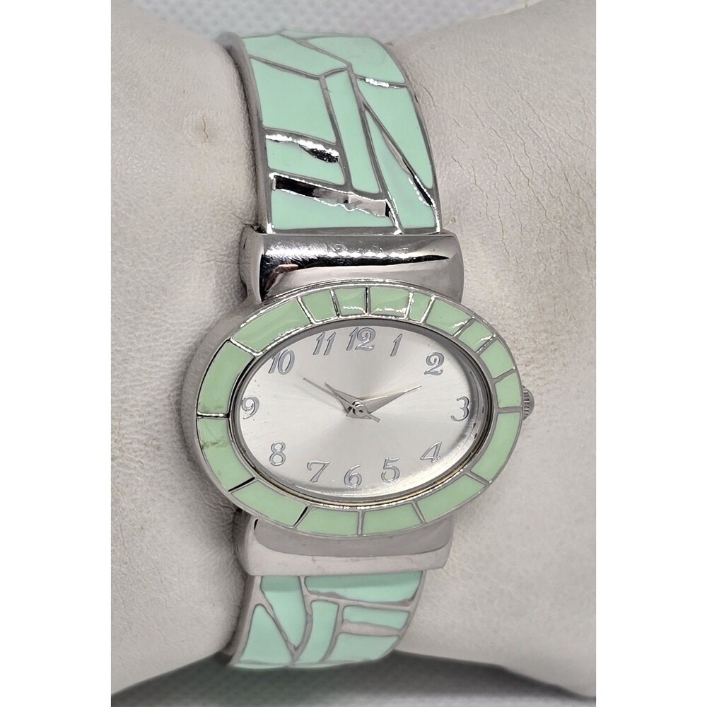Women's Classic Oval Silver Tone Dial Case Milk Green Cuff Bracelet Watch 13 - Picture 3 of 8